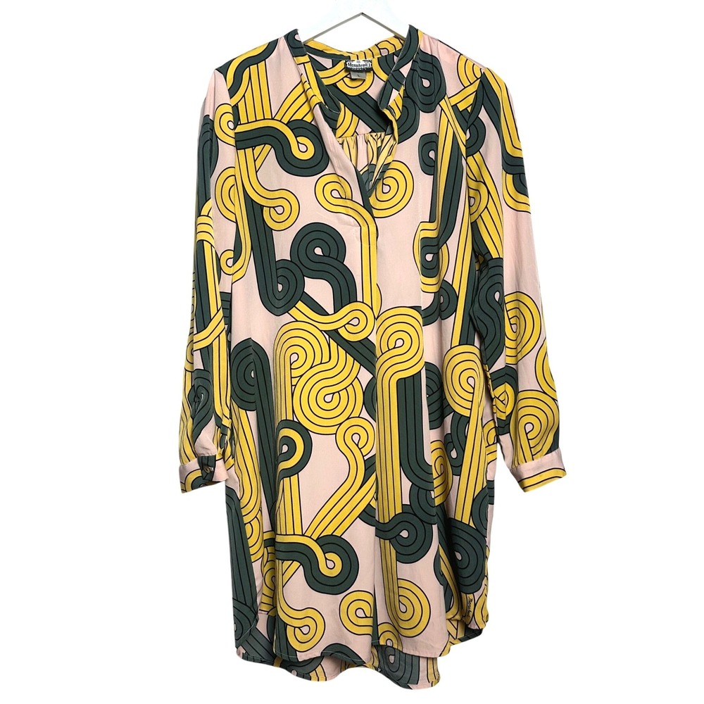 NWOT Manuheali'i Hawaii Retro Geometric Swirl Tunic Pocket Dress Pink Yellow L